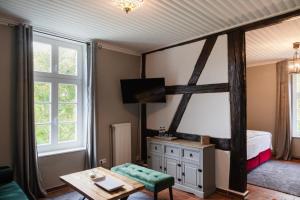 una camera con letto, tavolo e TV di Gutshauszimmer Premium Doppel a Neu Gaarz