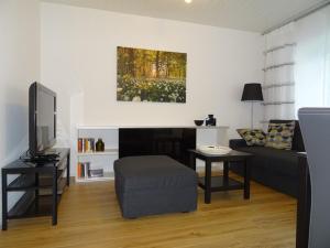 ein Wohnzimmer mit einem Sofa und einem TV in der Unterkunft Ferienwohnung Litterscheid in Kiefersfelden