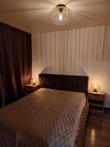 ein Schlafzimmer mit einem Bett und zwei Lampen an zwei Tischen in der Unterkunft Malūno apartamentai in Klaipėda
