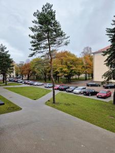 ein Parkplatz mit Autos auf einem Parkplatz in der Unterkunft Malūno apartamentai in Klaipėda