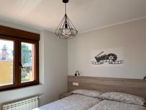 um quarto com uma cama e uma luz pendente em La Traviesa de la Demanda em Cabezón de la Sierra