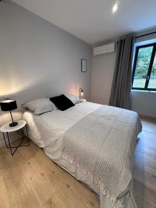 ein Schlafzimmer mit einem großen weißen Bett und einem Fenster in der Unterkunft La maison de Mounette in LʼIsle-dʼAbeau