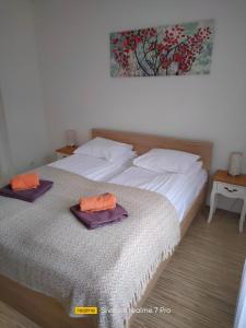 a bedroom with two beds with towels on the bed at Senlejas Apartamenti in Ogre