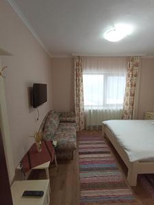 um pequeno quarto com uma cama e um sofá em Pensiunea Sofy em Arieşeni
