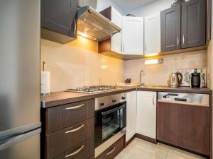 a kitchen with wooden cabinets and a stove top oven at House Green Oaza in Zadvarje