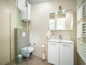 a bathroom with a toilet and a sink and a mirror at House Green Oaza in Zadvarje +19 photos