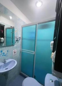 ein Bad mit einer Dusche, einem WC und einem Waschbecken in der Unterkunft Casa Turística Realismo Mágico in Aracataca