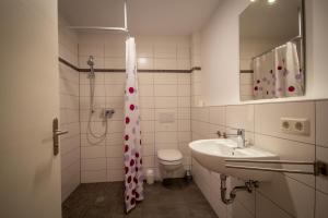y baño con lavabo, aseo y espejo. en Kalles Ferienhaus, en Veckenstedt