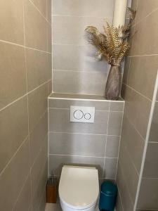 une salle de bains avec des toilettes et une plante sur une étagère dans l'établissement Jolie charmant T3 refait à neuf à Marseille, à Marseille