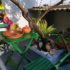 a table with a bowl on it next to a tree at HOSTEL YA DUDU E BISTRO in Cuiabá