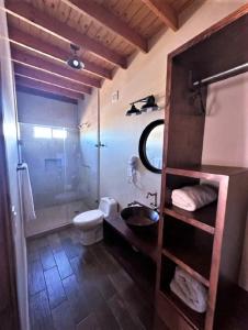 a bathroom with a shower and a toilet and a sink at Grape Valley Old West Cabins in Ensenada