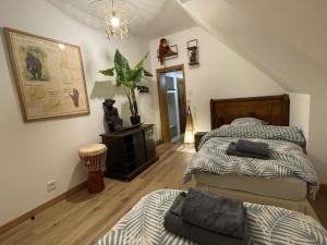 a bedroom with two beds in a attic at Le Panorama sur Beauval, face au Zoo de Beauval in Saint-Aignan