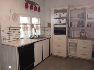 a kitchen with white cabinets and a black dishwasher at The Butterfly Cabin with adjustable king-size bed. in Kempner