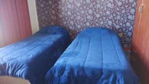 Duas camas num quarto com lençóis azuis em Hospedaje compartido SOL em Ushuaia