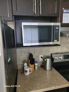 a kitchen counter with a microwave above a stove at Sweet room in Ottawa