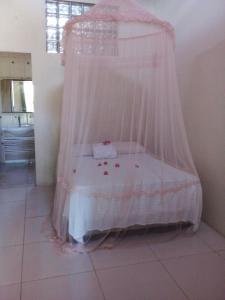 1 cama con dosel en una habitación en Casa pé na areia ao lado de Mangue Seco, en Jandaíra