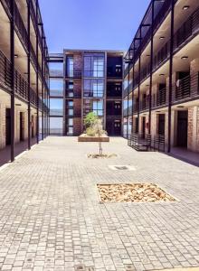 an empty courtyard of a building with a tree in the middle at Wild olive A in Windhoek