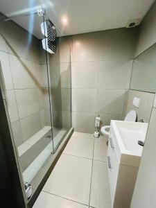 a bathroom with a shower and a toilet and a sink at Wild olive A in Windhoek