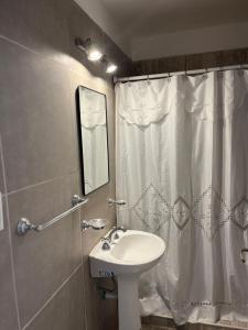 baño con lavabo y cortina de ducha en Depto 2 ambientes Zona Aldrey en Mar del Plata