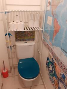 Maison 3 chambres avec jardinet في Ris-Orangis: حمام مع مرحاض ذو مقعد أزرق