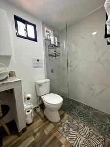 a bathroom with a toilet and a glass shower at A hidden gem between sea and mountains in Santa Bárbara de Samaná
