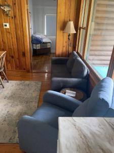 sala de estar con 2 sofás azules y sofá en South Shore Resort - The Eagle, en Twin Lake