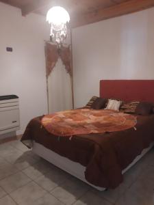 ein Schlafzimmer mit einem großen Bett mit einem Kronleuchter in der Unterkunft Sol y Luna 1 in Perito Moreno