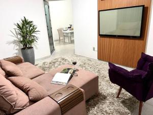 uma sala de estar com um sofá e uma televisão em Acolhedora casa de 03 quartos em Passos
