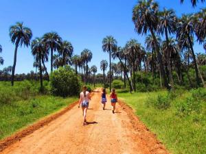 Tres mujeres caminando por un camino de tierra con palmeras en Vergniaud 70 en Colón