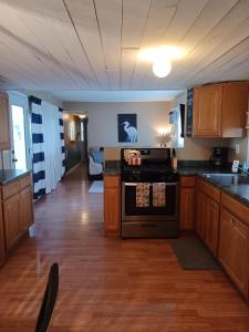 uma cozinha com armários de madeira e um forno em Lower River Retreat em Parker