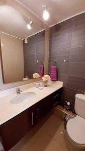W łazience znajduje się umywalka, toaleta i lustro. w obiekcie dpto pleno centro turístico de viña del mar w mieście Viña del Mar