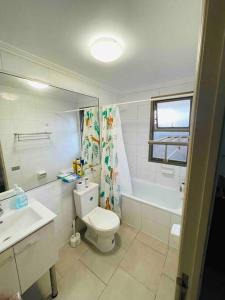聖地亞哥的住宿－Casa Aislada Peñaflor-Malloco，白色的浴室设有卫生间和水槽。