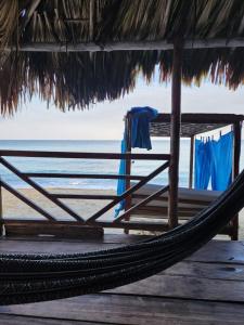 - un hamac sur une plage avec l'océan en arrière-plan dans l'établissement Palos Locos Baru, à Carthagène des Indes