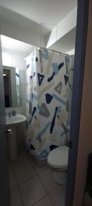 y baño con aseo y cortina de ducha. en Amplió, cómodo y amoblado departamento, La Florida, en Santiago