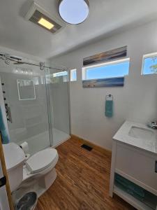 y baño con ducha, aseo y lavamanos. en SeaSide Lake-Front Cottage en Madison