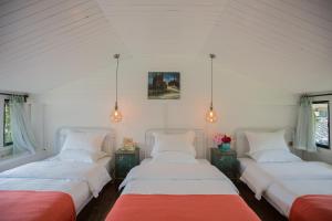 three beds in a room with white walls and windows at Rose Garden Lijiang in Lijiang