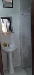 y baño con lavabo y ducha con espejo. en Mini Departamento Iquitos 1245-01, en Iquitos