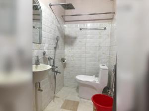 a bathroom with a toilet and a sink at Living Roots Lodge in Cherrapunji