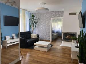 a living room with a couch and a fireplace at Rezekne Lux Apartments in Rēzekne