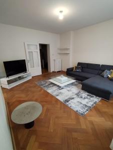 a living room with a couch and a tv at Appartement familial, calme et spacieux in Strasbourg