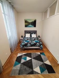 a bedroom with a bed and a checkered rug at Appartement familial, calme et spacieux in Strasbourg