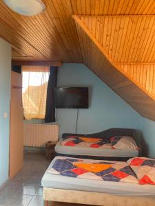 sypialnia z dwoma łóżkami i telewizorem na ścianie w obiekcie Arany Apartman w mieście Cegléd
