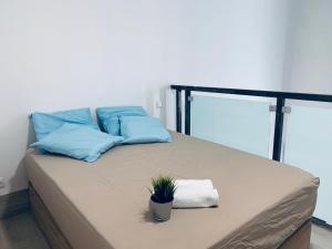 a bed with blue pillows and a potted plant on it at NUEVOS DUPLEX PRINCIPE VERGARA in Madrid