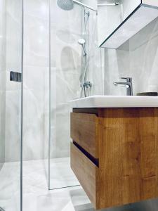 a bathroom with a sink and a shower at BEBA apartment in Košice