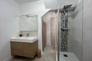a bathroom with a sink and a shower at El Castillo - Tournon sur Rhône in Tournon-sur-Rhône