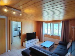 a living room with a couch and a tv at Swiss Apartment Thunersee in Einigen