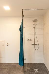 y baño con ducha y toalla azul. en FreiTraum Apartments No1 im Zentrum von Bad Neustadt en Bad Neustadt an der Saale