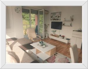 ein Wohnzimmer mit einem Sofa und einem Tisch in der Unterkunft APARTMENT ANA v-Peshtani in Ohrid