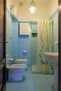 a blue bathroom with a toilet and a sink at Orsini: tre camere da letto, 2 bagni in Luco neʼ Marsi