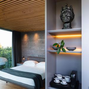 a bedroom with a bed in a room with shelves at Zash Country Boutique hotel & SPA in Giarre